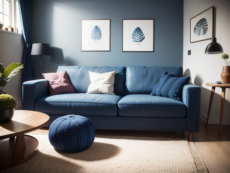 Two knitted poufs near dark blue corner sofa. Scandinavian home interior design of modern living room.