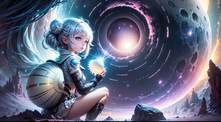 "((Adventurous)) girl exploring an alien realm, clutching a ((luminous shell)), as moonlight bathes the surreal landscape in a soft glow. Wisps of clouds add a touch of mystery. High-quality, detailed, fantasy, otherworldly, moonlit ambiance."