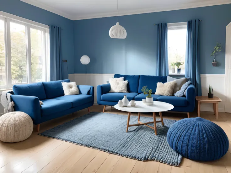 Two knitted poufs near dark blue corner sofa. Scandinavian home interior design of modern living room.