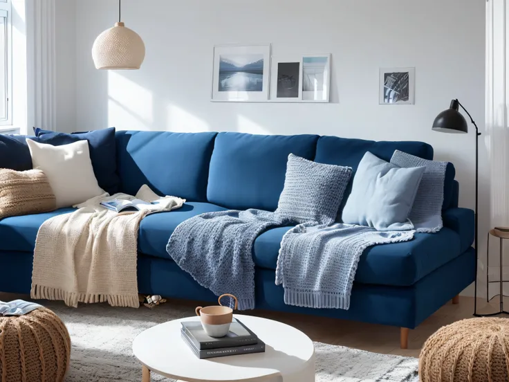 Two knitted poufs near dark blue corner sofa. Scandinavian home interior design of modern living room.