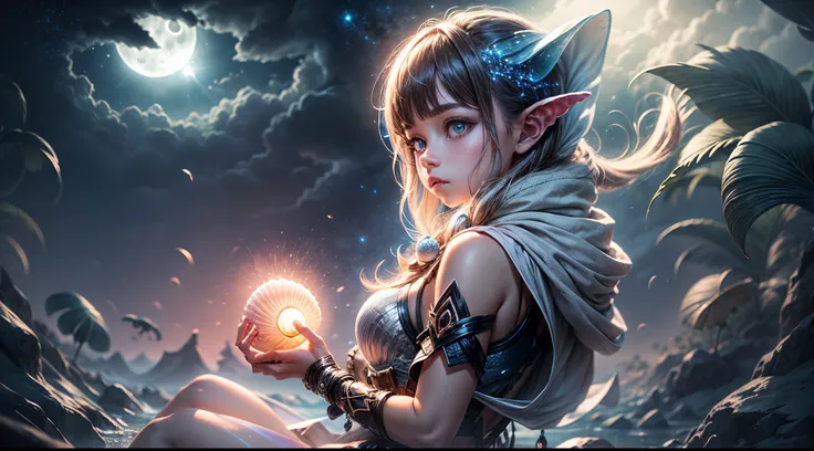 "((Adventurous)) girl exploring an alien realm, clutching a ((luminous shell)), as moonlight bathes the surreal landscape in a soft glow. Wisps of clouds add a touch of mystery. High-quality, detailed, fantasy, otherworldly, moonlit ambiance."