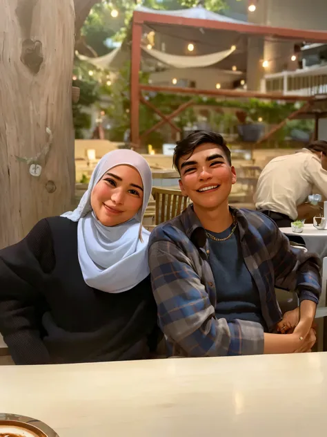 there are two people sitting at a table with a cup of coffee, happy couple, lovely couple, couple, with her long, a picture, picture, taken at golden hour, photo taken in 2 0 2 0, ismail, 😭 🤮 💕 🎀, in background, with ivy, shot on nikon z9, at instagram, ol...