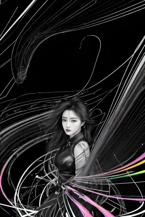 (line art:1.5)，Metal lines，A beautyful girl,model shoot style,abstract paintings, (extremely detaild的 CG unified 8k wallpapers), A chaotic storm of lines rises from a complex rainbow of smoke overhead, Stylized abstract portrait of beautiful girl,