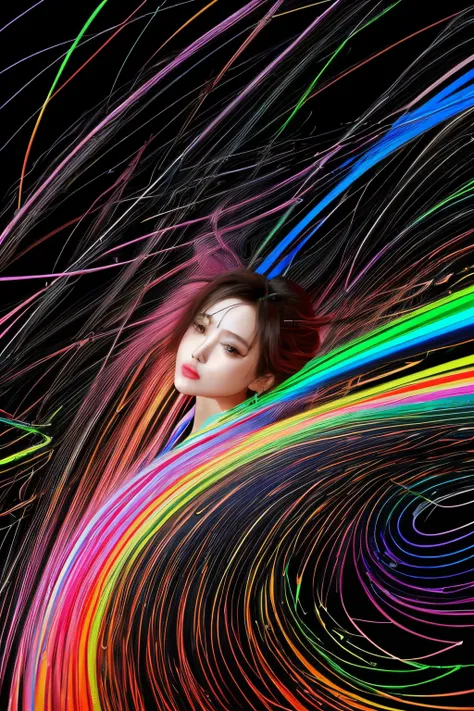 (line art:1.5)，Colorful lines，A beautyful girl,model shoot style,abstract painting, (extremely detaild的 CG unified 8k wallpapers), A chaotic storm of lines rises from a complex rainbow of smoke overhead, Stylized abstract portrait of beautiful girl,