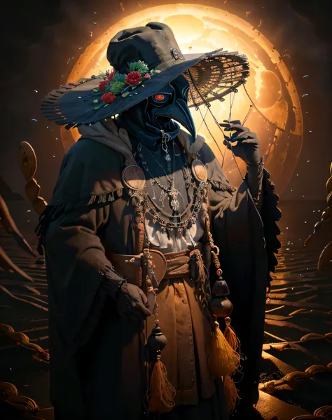 (Obra maestra, La mejor calidad), Altas Resoluciones, (8K resolution), centrado, (Ultra detallado), Dios loco, solamente, plague doctor, antiparras, tiene, Cadenas, Velo negro, beaked mask, volumetric illumination:1.1, oscuro, (Detalles:1.2), foco nítido, ...