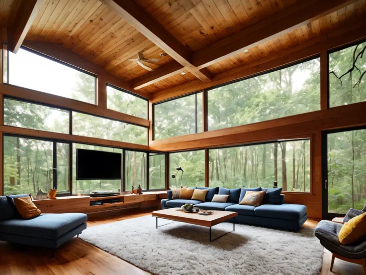 Mid-century loft home interior design of modern living room in house in forest.