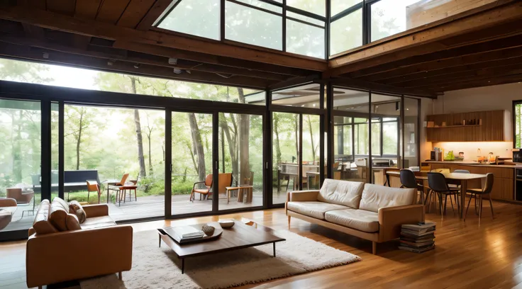 Mid-century loft home interior design of modern living room in house in forest.