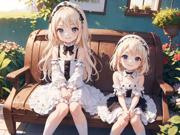 Best Quality, ultra-detailliert, Lolita Fashion, 1 young girl（8years old）,a beauty girl，A smile， with arms crossed, platinum-blonde-hair, In Los Angeles，flat chest，Perfect limbs，The morning sun shines