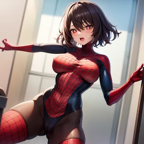 Panties, short hair, topless, spiderman bodysuit, ahegao, bigger breasts, breast feeding