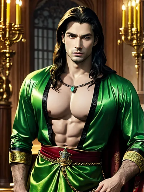 big breasts beautiful，Handsome，masculine features，male body，muscular boy，big breasts beautiful，Colorful，fanciful，dream magical，A mix of medieval European aristocratic costumes，Light green translucent long hair，red color eyes，Luxury clothing，diadems，The kin...