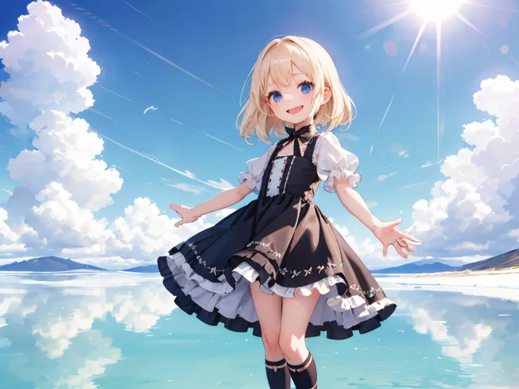 Best Quality, ultra-detailliert, Lolita Fashion, 1 young girl（8years old）,a beauty girl，A smile， Arm in arm, platinum-blonde-hair, In Salar de Uyuni，flat chest，Perfect limbs，The morning sun shines