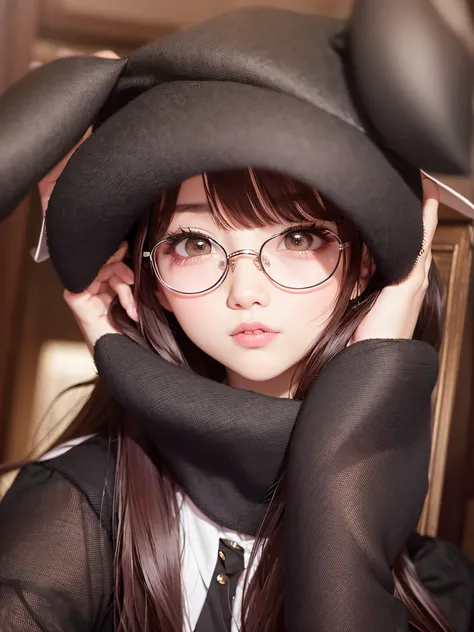 Alafid woman wearing white bear hat and glasses, Cute Korean face, Ruan cute vtuber, blackpink jennie, ulzzangs, Ziyu from twice, With floppy rabbit ears, Wearing a cute hat, It has big rabbit ears, xintong chen, wears glasses, Clear and cute face, Those w...