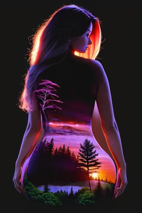 masutepiece, Best Quality, 超A high resolution, Beautiful, visually stunning, Elegant, incredible details,    w0rld, 1girl in, (Black background:1.2), Simple background, Dynamic Pose, Sunset, forest, Trees, Scenery,