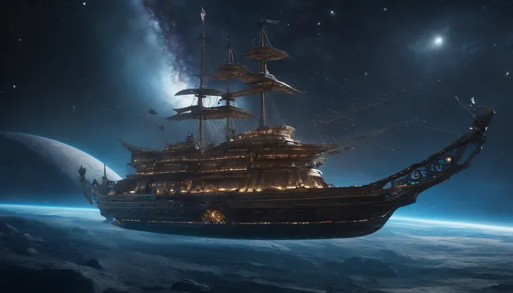 Envision an elaborate scene of cosmic piracy where an intricately detailed space pirate ship, designed in the theme of a classic pirate vessel, sails through the cosmos and the Milky Way. Dive into extreme micro-details to bring to life the futuristic spac...