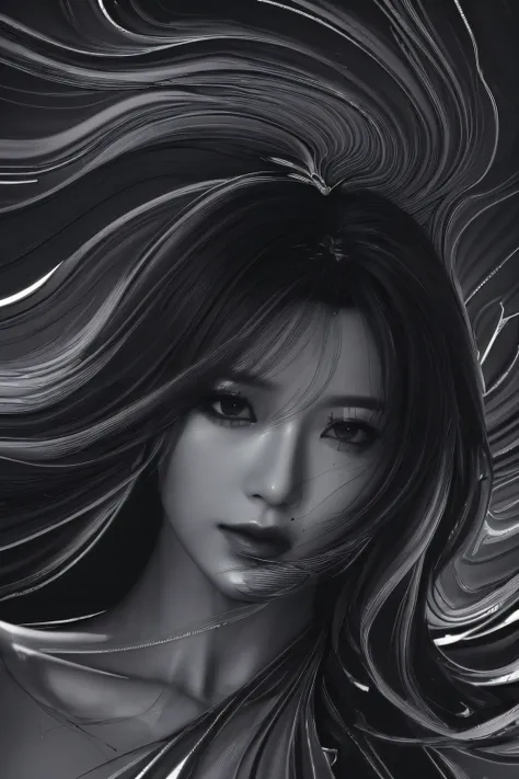 (line art:1.5)，Mono Color，A beautyful girl,model shoot style,abstract painting,model shoot style, (extremely detaild的 CG unified 8k wallpapers), A chaotic storm of lines rises from the complex liquid smoke overhead, Stylized abstract portrait of beautiful ...