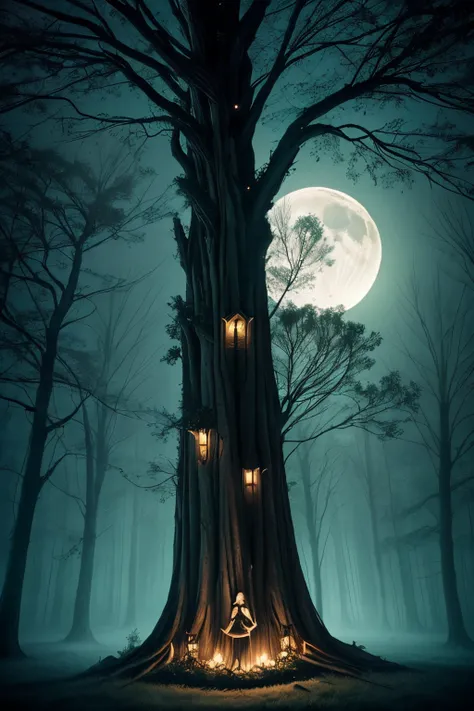 moonlit night, dark fantasy art, trees swaying, branches, muted glow of fairy lights, hollowed insides of trees, eerie and gentle glow, lost souls fill the night with their presence