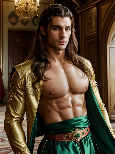 big masculine chest beautiful，Handsome，masculine features，male body，muscular boy，big chest muscular，Colorful，fanciful，dream magical，A mix of medieval European aristocratic costumes，Light green translucent long hair，red color eyes，Luxury clothing，diadems，Th...