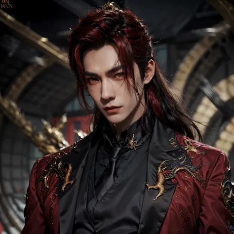 anime man in a suit and tie with a dragon in the background, dragon - inspired suit, by Yang J, human and dragon fusion, handsome japanese demon boy, handsome guy in demon slayer art, epic and classy portrait, trendin on artstation, by Oliver Sin, crimson ...