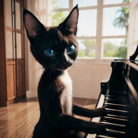 a furry Siamese cat, com as patas na cor cinza, face e orelhas na cor cinza, nariz preto, tocando piano de caudas, estilo disney, ambiente escola de musica, 8k, 3d, outro gato preto e branco, pelo curto