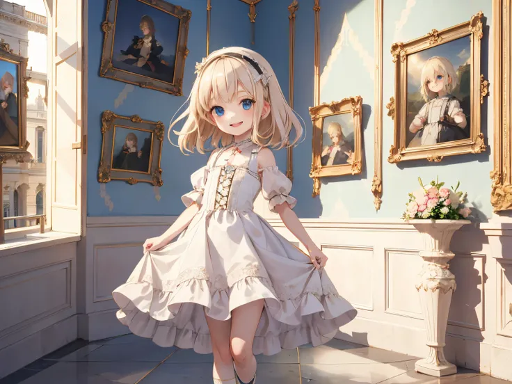 Best Quality, ultra-detailliert, Lolita Fashion, 1 young girl（8years old）,a beauty girl，A smile， Arm in arm, platinum-blonde-hair, At the Louvre Museum，flat chest，Perfect limbs，The morning sun shines