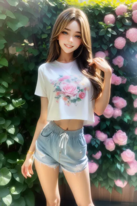 tmasterpiece, A young and beautiful girl, Smiling, looking at the camera in, standing in front of a rose bush, in shorts and t-shirt, White sneakers. dressed in a top and shorts, blossoms, fully body photo, Casual pose, slender leg