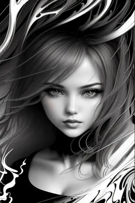 (line art:1.5)，Mono Color，A beautyful girl,model shoot style, (extremely detaild的 CG unified 8k wallpapers), A chaotic storm of complex liquid smoke rising overhead, Stylized abstract portrait of beautiful girl,