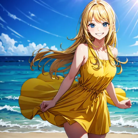 Blonde Girl, Smiling, Looking At The Beach, With A Dress