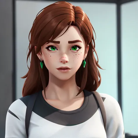 Fortnite character: Dark auburn curly hair, green eyes, freckles, pale skin