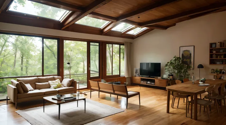 Mid-century loft home interior design of modern living room in house in forest.