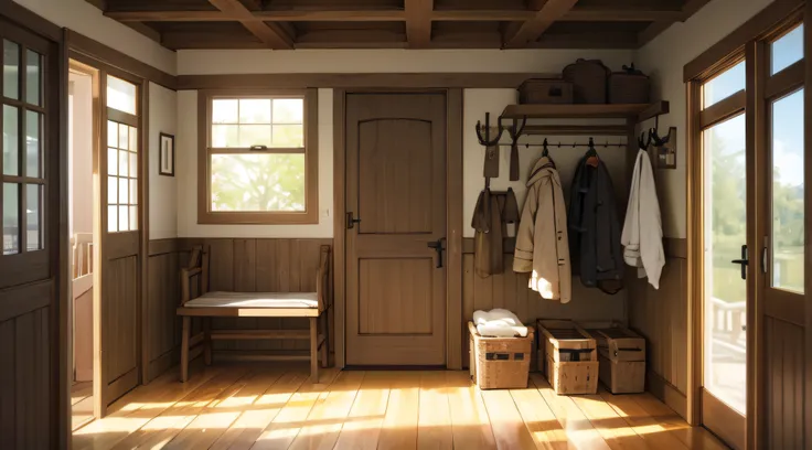 Wall-mounted coat rack above rustic bench. Farmhouse interior design of modern entrance hall.