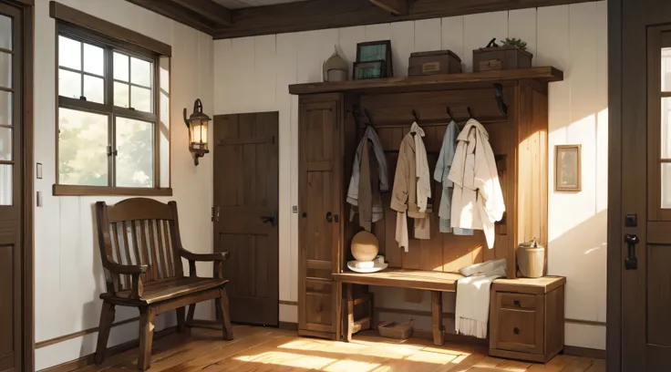 Wall-mounted coat rack above rustic bench. Farmhouse interior design of modern entrance hall.