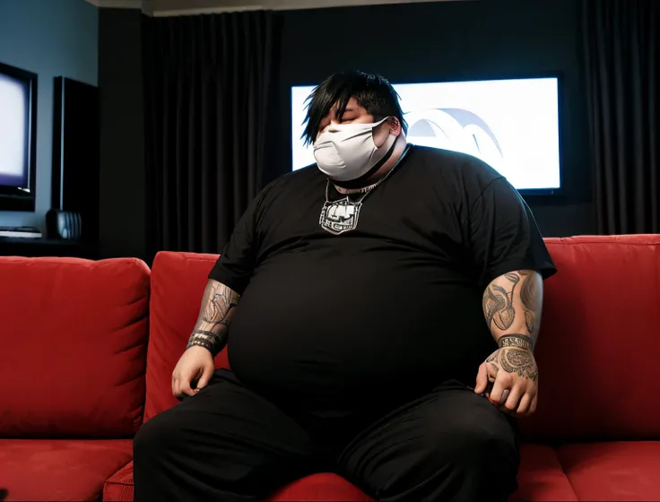 Morbidly obese emo guy named ken, eating mcdonalds on his couch watching tv, but except he is as big as the couch. With hair covering his face