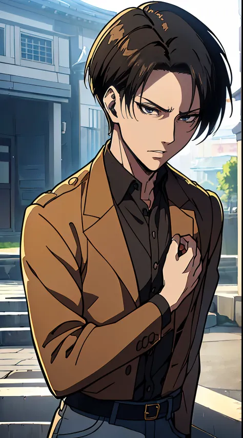 ((4K works))、​masterpiece、（top-quality)、((high-level image quality))、((One Manly Boy))、Slim body、((Attractive and sexy jeans fashion))、((Mens Fashion))、(Detailed beautiful eyes)、town in the morning、Levi Ackerman、Attack on Titan、((short hair above the ears)...