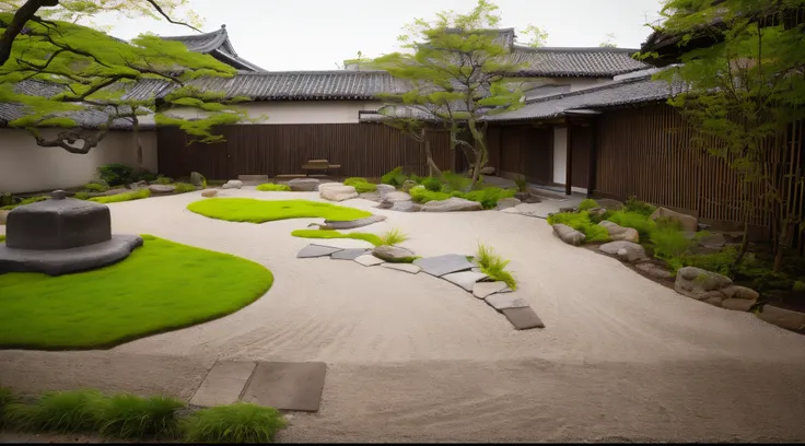 uma sala de madeira com vista para um jardim ao longe, garden with classical asian landscape culture, in the garden there are three green islands with graceful curved shapes covered with moss, dotted with ten Japanese-style stones, um bordo vermelho, com u...