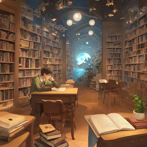 In a wide library, you can see a boy cartoon character studying intently. He sat at a huge desk piled up with books, notebooks and stationery. Moon shone through the windows, illuminating the entire space. Countless books are lined up on the shelves, and t...