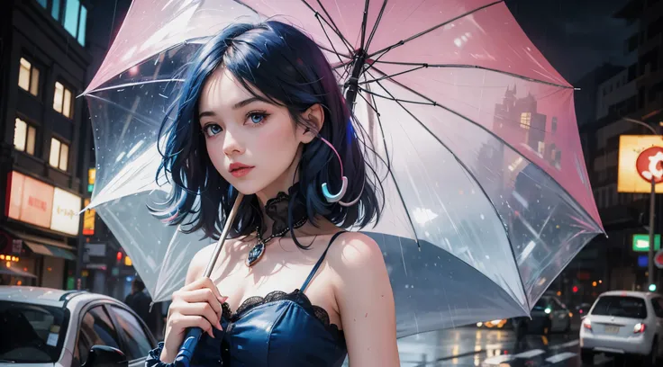 ultrasharp, 8K, masterpiece, looking at viewer, women, blue hair, multicolor eyes, pink dress, in city, walking, raining, girt with umbrella