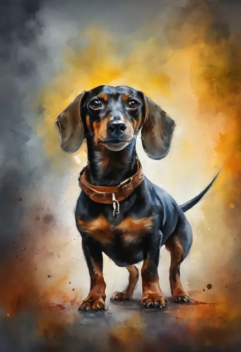 Polly. Top quality, Dramatische Beleuchtung, bedrohliche Pose, grimmiger Blick, Epic atmosphere, (((Helm in Form eines Dachshund Terrier Mix))), (((full-body shot))),Dachshund Terrier aus Metall, Cyborgs, Cyberpunk-Stil, Uhrwerk, ((Komplizierte Details)), ...