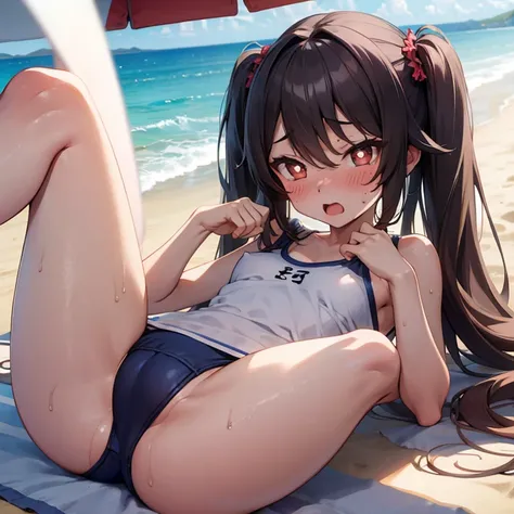 School Swimsuit, ahegao, blush, sweat, Beach