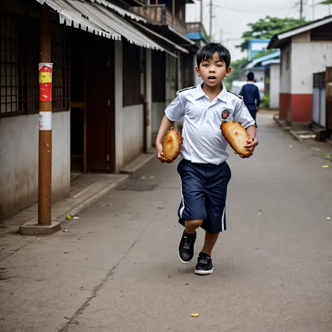 A boy in a school uniform was chased by his mother because he ran away carrying a plate of fried fish.