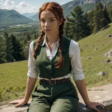 1girl, red hair, single braid, pretty face, green shirt, dark green vest, dark cargo pants, satchel BREAK sitting, open field, forest, mountains in background.