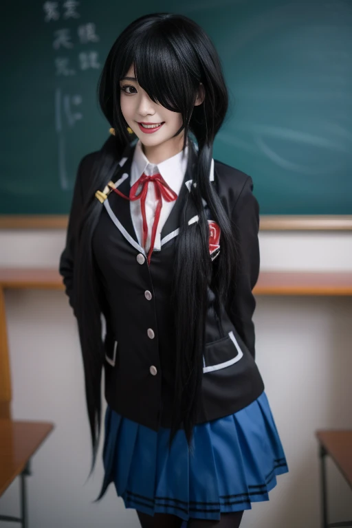 ultra-detailed,highly detailed,best quality,masterpiece,illustration,realistic, photo,photorealistic,
1girl, tokisaki kurumi,cosplay,hair over one eye, looking back, happy girl,light smile, low twintails, 
school uniform, blazer, collared shirt, neck ribbo...