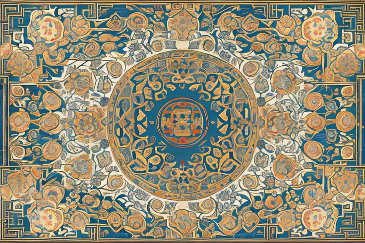 Chinese carpet，Elegant，axial symmetry of pattern，Contains Chinese style borders，lines are straight，Overall symmetry，datura，Ancient decorative illustrations，Highest image quality，highest details，ornate motifs，oriental art nouveau，Buddhist mandala，Add Chines...