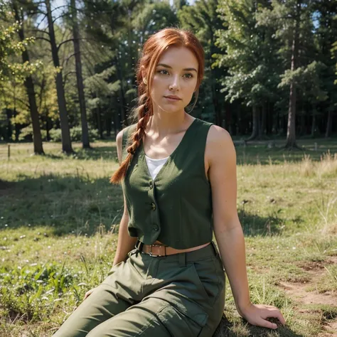 1girl, 25 years old, red hair, single braid over shoulder, pretty face, green shirt, dark green vest, gray cargo pants, satchel BREAK sitting, open field, forest, mountains in background.