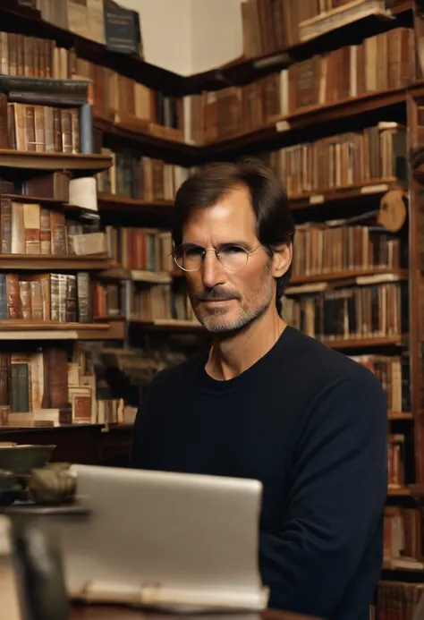 A photo of Jobs browsing through a vintage book collection in a cozy bookstore,original,Steve Jobs, the co-founder of Apple Inc., was known for his signature style: a black turtleneck, blue jeans, and New Balance sneakers, creating a minimalist and iconic ...