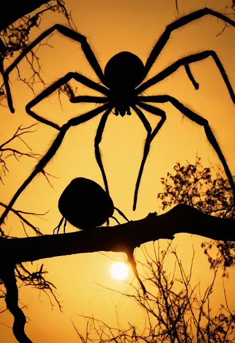 Aragog sitting on a high branch, silhouetted against the setting sun, with the golden light casting a majestic glow around her.,Harry Potter and the Chamber of Secrets,Aragog is an Acromantula, a giant spider