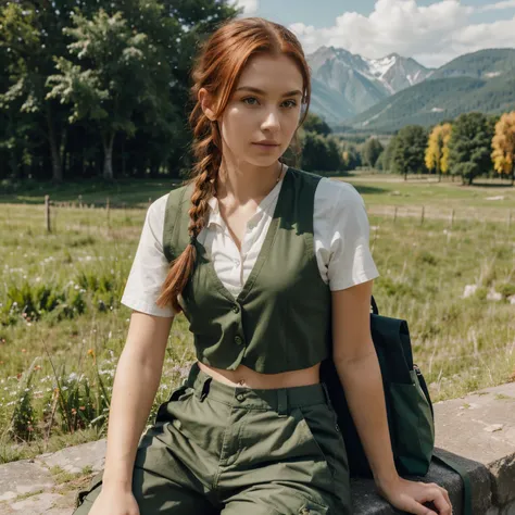 1girl, 25 years old, red hair, single braid over shoulder, pretty face, green shirt, dark green vest, gray cargo pants, satchel BREAK sitting, open field, forest, mountains in background.