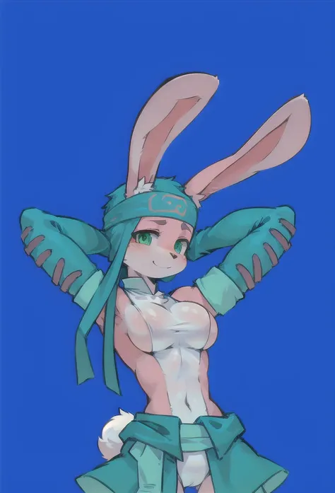 expressive eyes, (masterpiece), best quality, Ninja Rabbit, with long floppy rabbit ears, bunny ears, bunnypunk, bunny girl, female fursona, rabbit Ninja, cell shaded adult animation, rabbit ears, rabbt_character, teasing smile, pink skin, white tight suit...