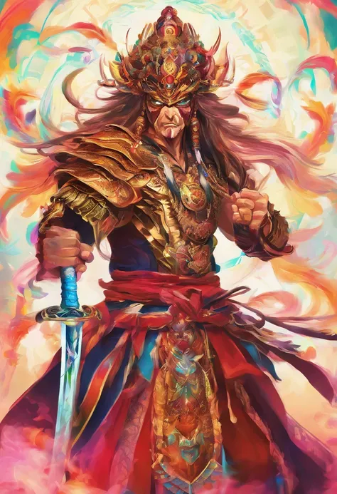 tmasterpiece，Super cool ultimate warrior as a kung fu warrior，face stern，Random light and shadow，Random character background，Minimalist style，A glowing sword，Lotus flower as background，Impeccably clean，need，to emphasize，Bright and colorful shades，3 Backgro...