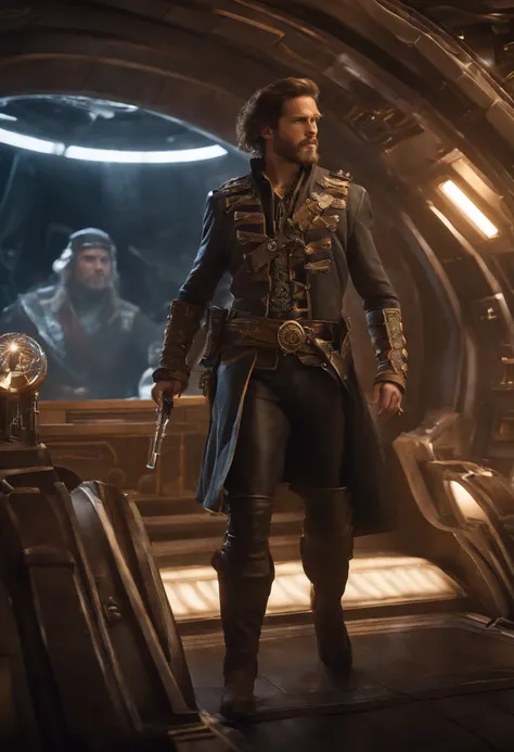 Envision an enthralling scene where highly detailed portraits of futuristic space pirates are showcased as they stand on their intricately designed pirate spaceship. Dive into extreme micro-details, capturing the unique features, attire, and expressions of...