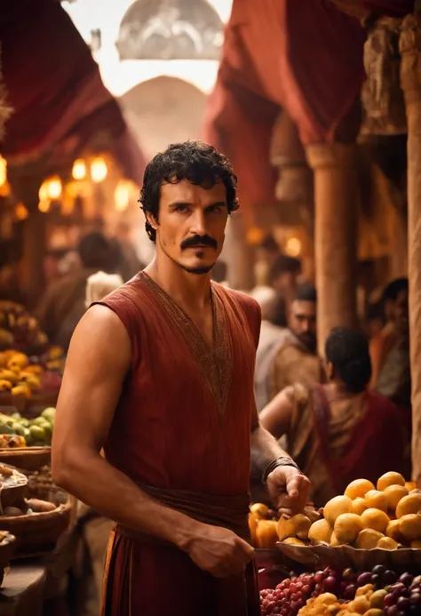 A photo of Oberyn at the bustling Dornish marketplace, surrounded by colorful stalls and exotic wares,Game of Thrones TV series,Oberyn is a tall man with black hair and a beard, famously portrayed by Pedro Pascal